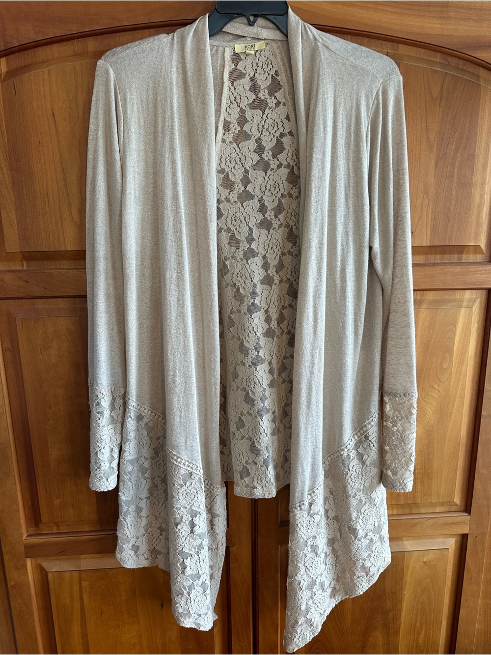 Lace-Trim Drape Open Front Cardigan in Light Beige, EUC, Size L,, P-T-P 24”